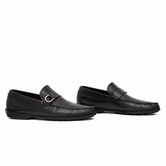 950$ Salvatore Ferragamo Gancini Logo Black Leather Loafers Moc US 9.5 EE main image 6
